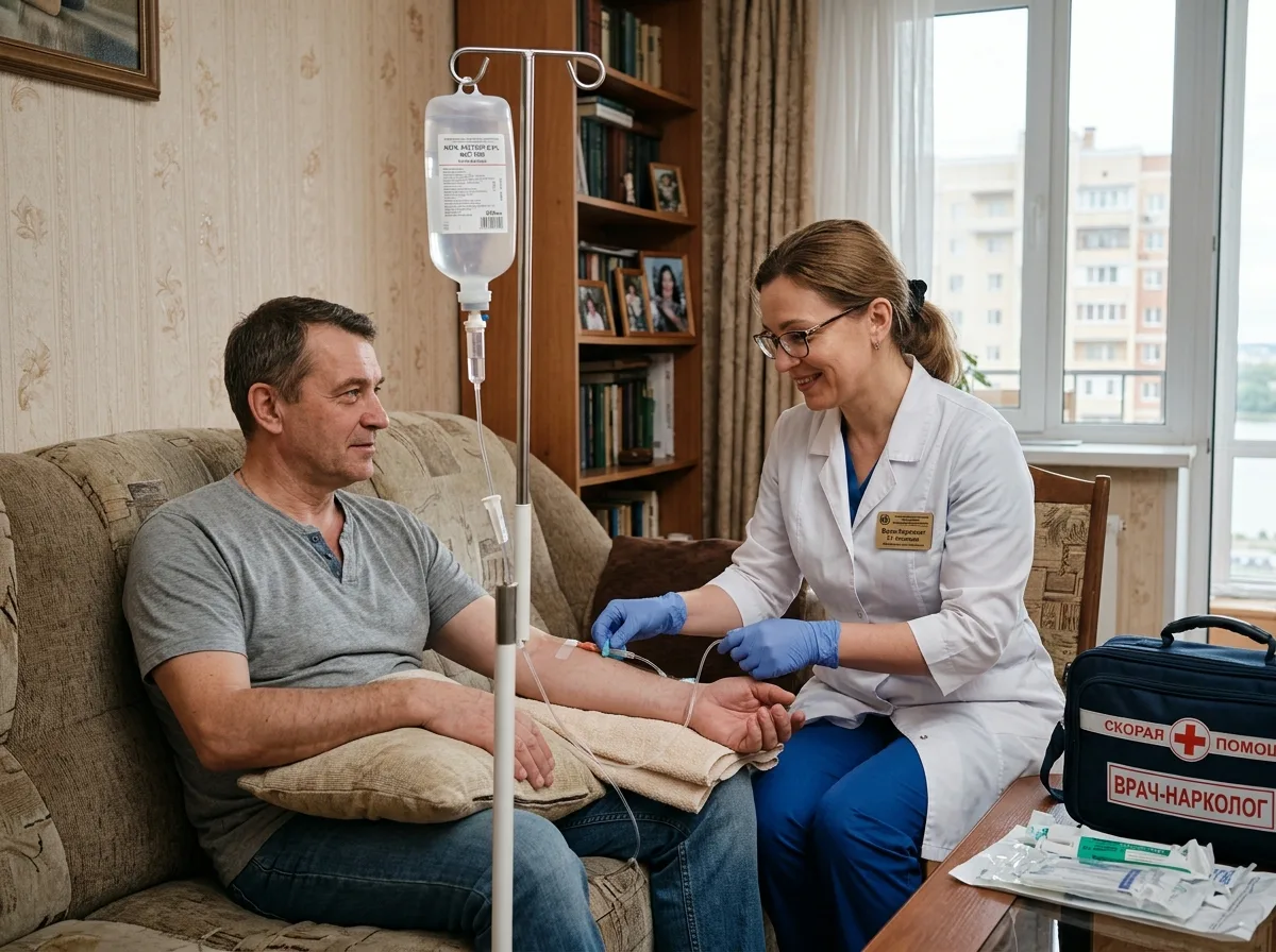 Врач-нарколог ставит капельницу пациенту на дому в Нижнем Новгороде: аккуратная домашняя обстановка, медицинский профессионал в белом халате, капельница с прозрачным раствором, спокойная атмосфера доверия