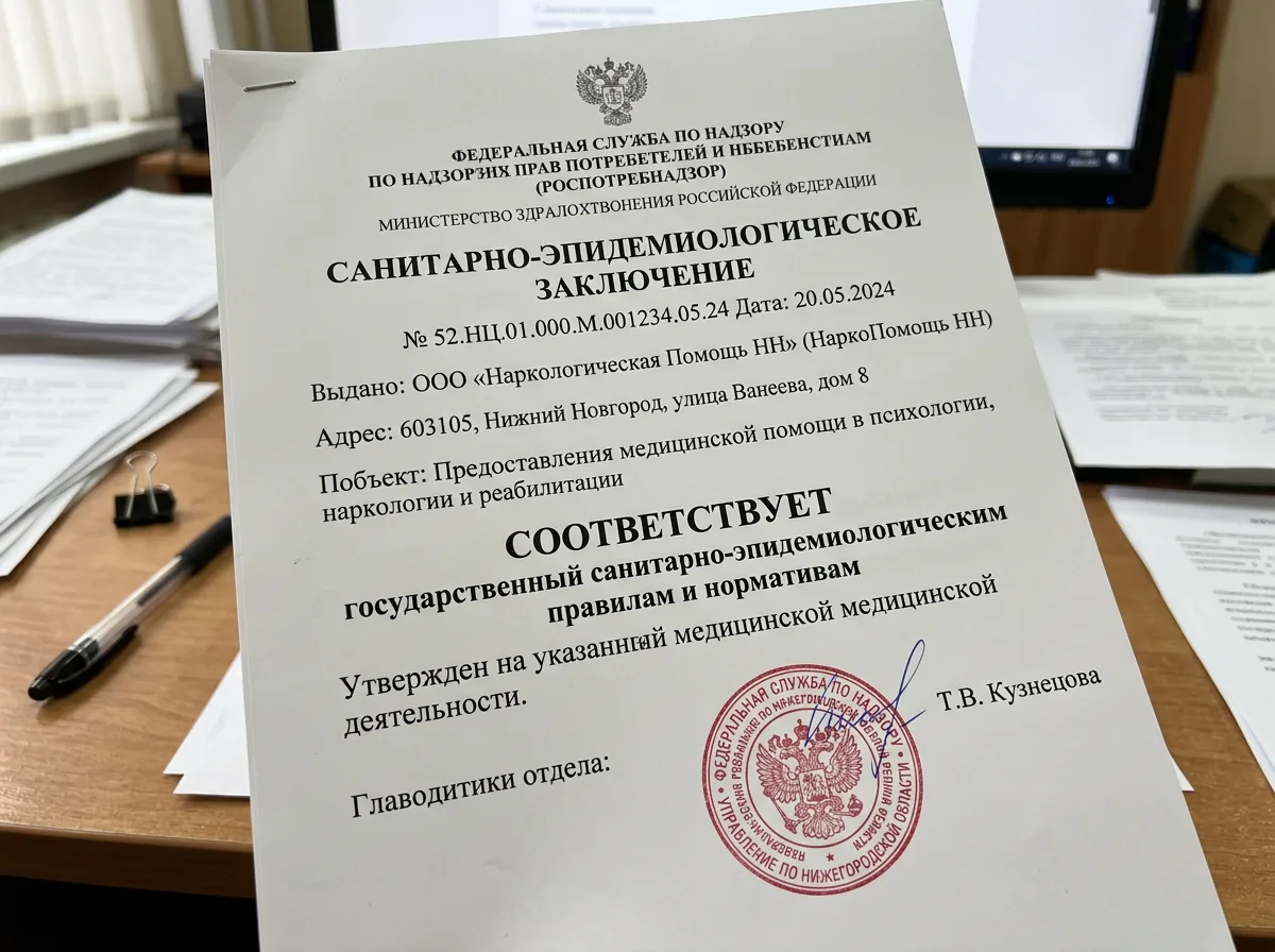 Санитарно-эпидемиологическое заключение клиники НаркоПомощь НН: официальный документ с печатью Роспотребнадзора, светлый фон, крупный текст заключения
