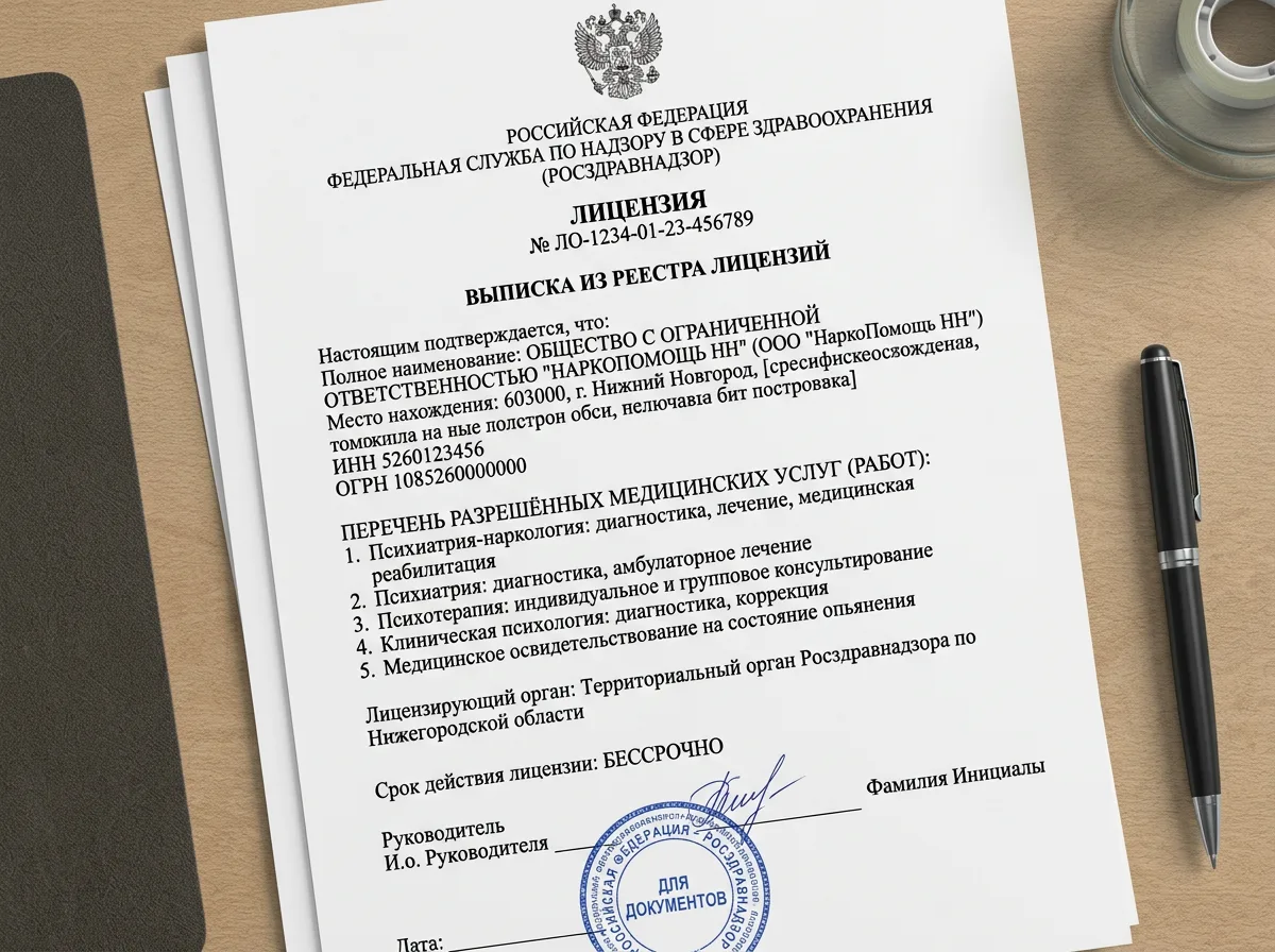 Выписка из реестра лицензий Росздравнадзора: официальная распечатка с государственным гербом, данные ООО НаркоПомощь НН, перечень разрешённых медицинских услуг